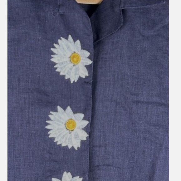Vintage Esprit Dark Blue Embroidered Sunflower Button Up Top Sz M Cotton Linen - Picture 3 of 5